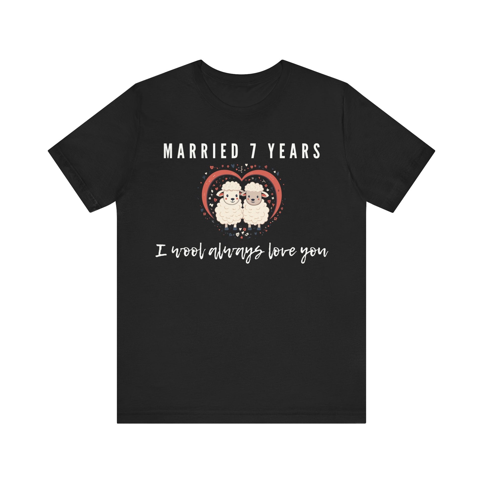 Black anniversary t-shirt with the text Married 7 Years I wool always love you around two cartoon sheep