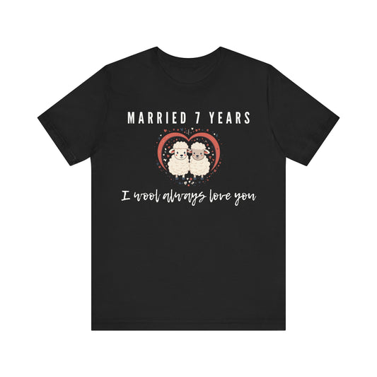 Black anniversary t-shirt with the text Married 7 Years I wool always love you around two cartoon sheep