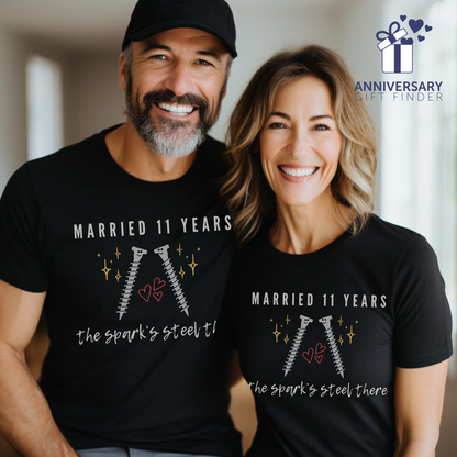 Couple wearing matching anniversary t-shirts with the text Married 11 Years The Spark’s Steel There around two cartoon screws