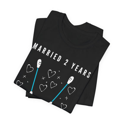 Black anniversary t-shirt with the text Married 2 Years Still Best Buds around two cartoon cotton buds