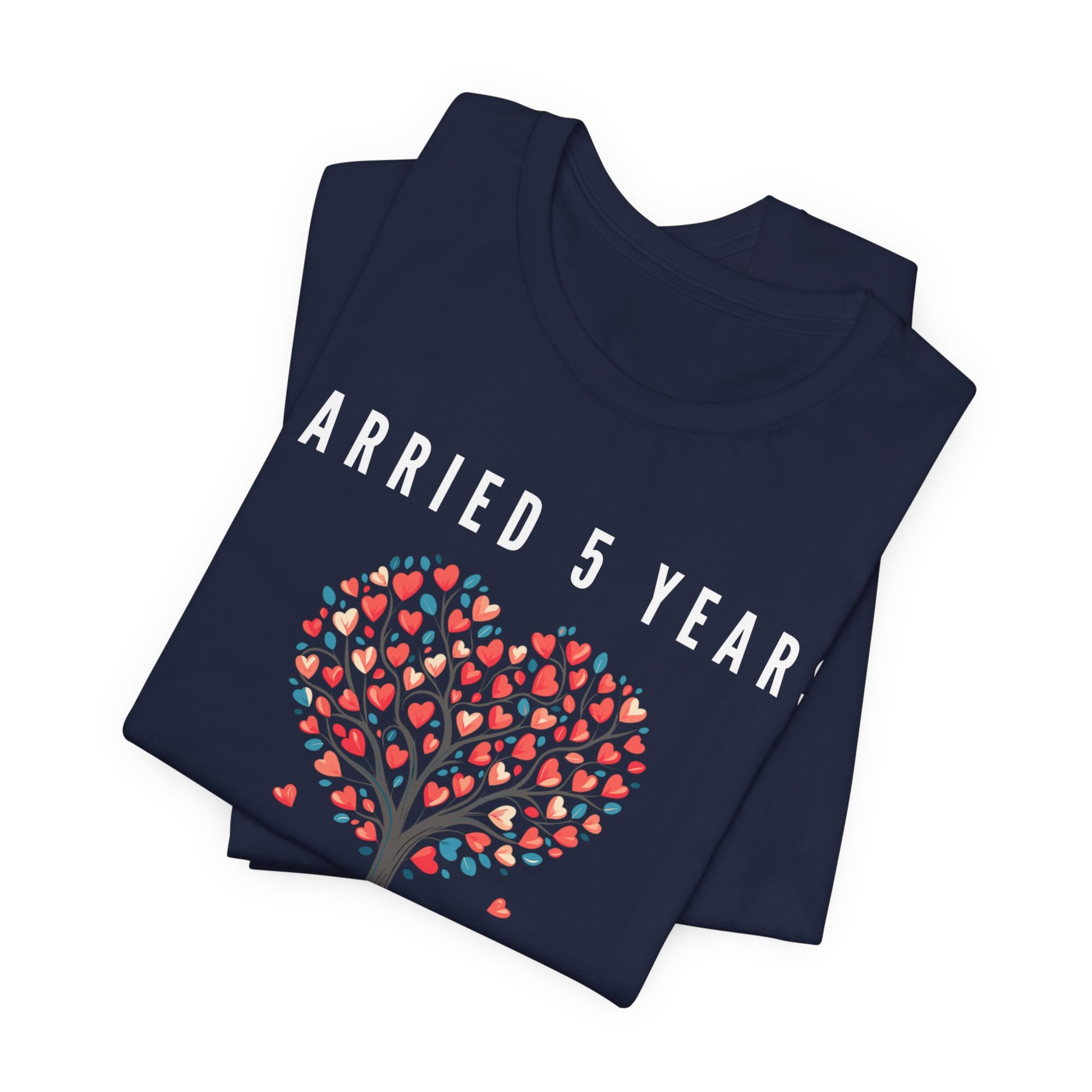 Navy anniversary t-shirt with the text Married 5 Years Wood Not Change a Thing around a cartoon tree