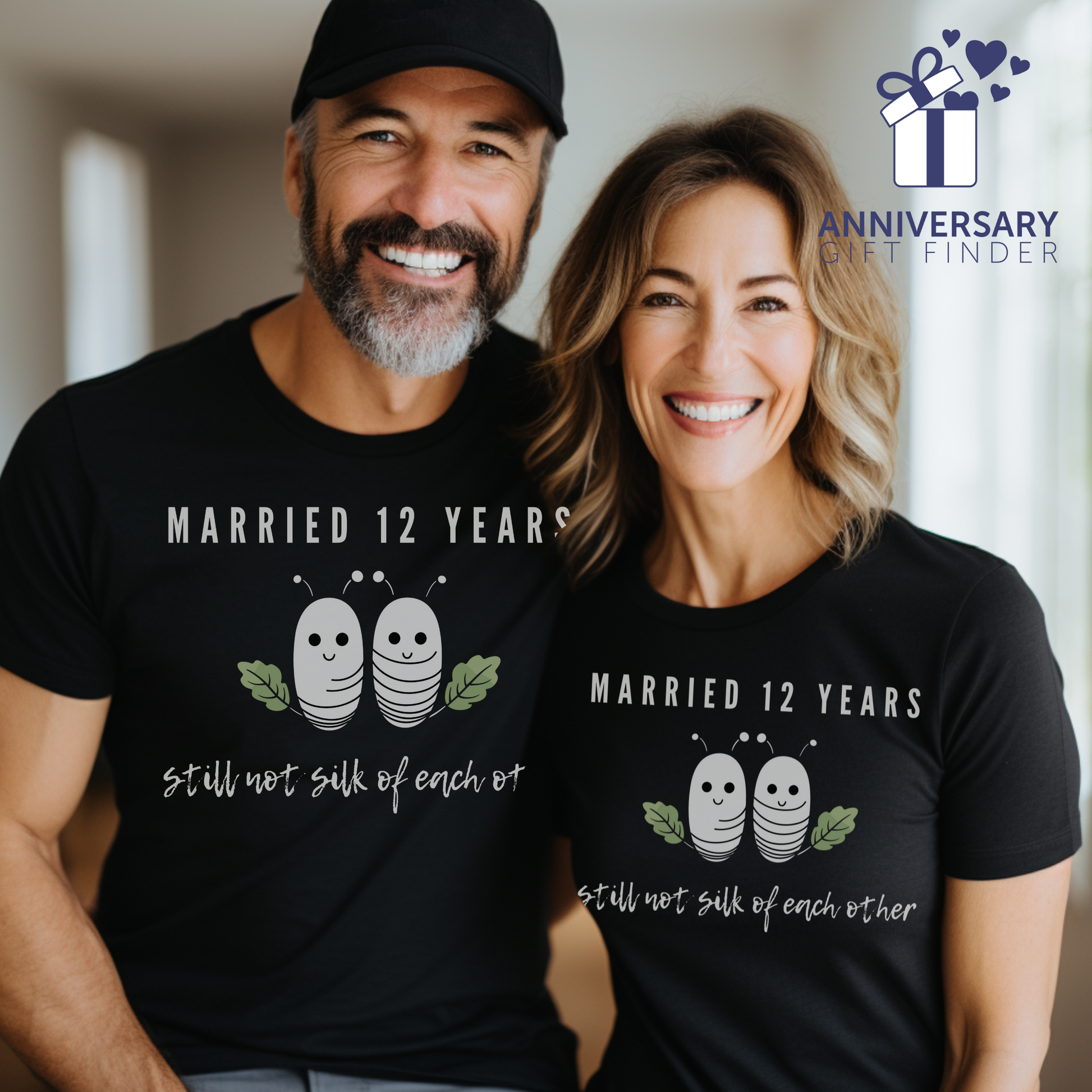 Couple wearing matching anniversary t-shirts with the text Married 12 Years Still Not Silk Of Each Other around two cartoon silkworms