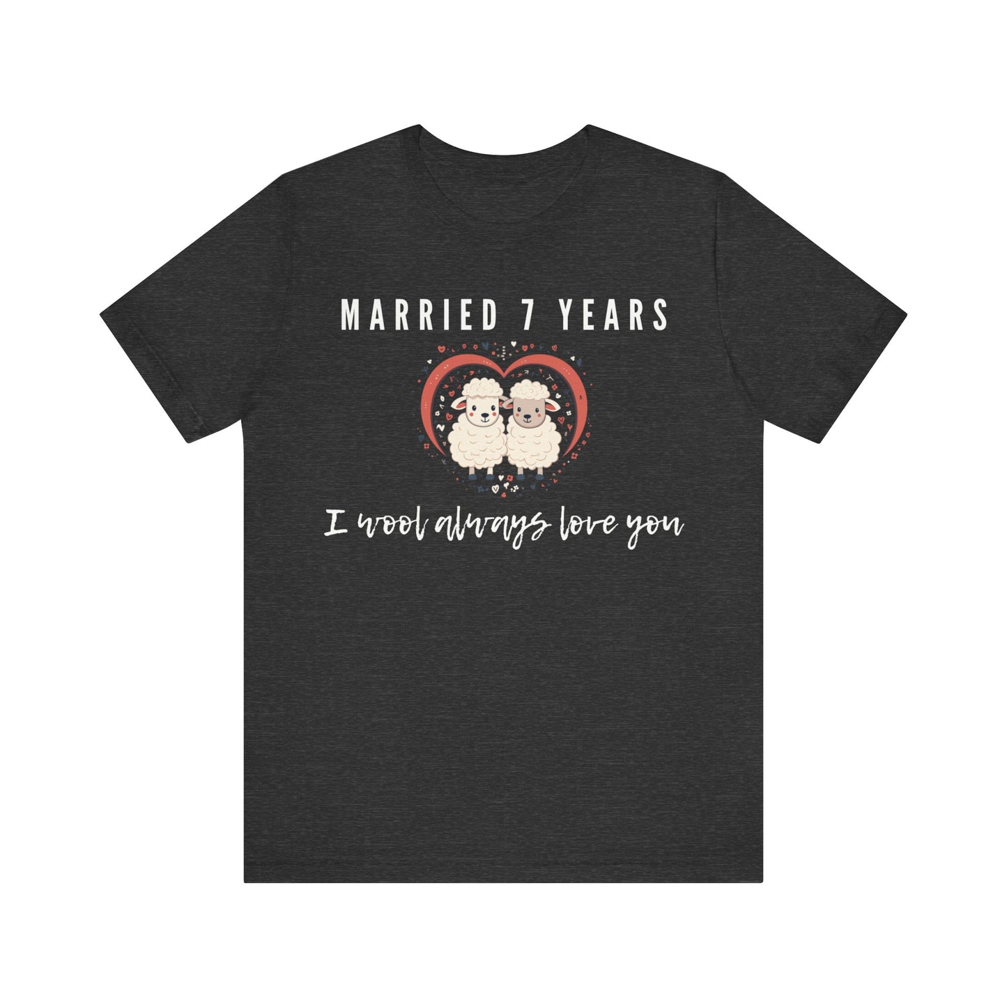 Grey anniversary t-shirt with the text Married 7 Years I wool always love you around two cartoon sheep