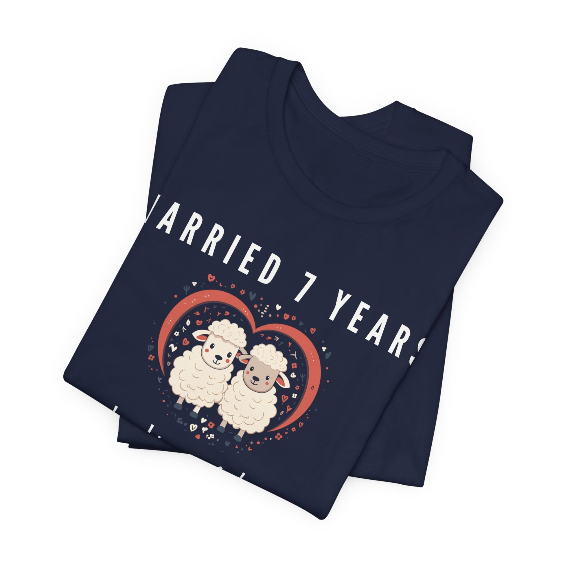 Navy anniversary t-shirt with the text Married 7 Years I wool always love you around two cartoon sheep