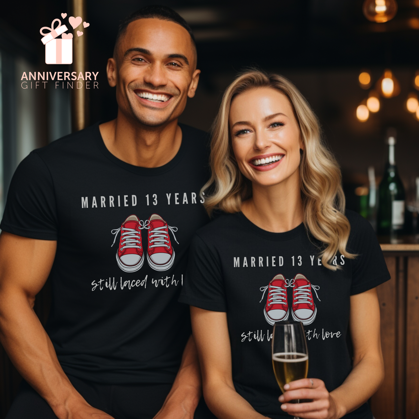 Couple wearing matching anniversary t-shirts with the text Married 13 Years Still Laced With Love around two cartoon sneakers