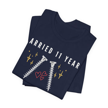 Navy anniversary t-shirt with the text Married 11 Years The Spark’s Steel There around two cartoon screws