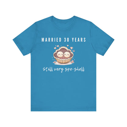 Aqua anniversary t-shirt with the text Married 30 Years Still Very Spe-Shell around two cartoon pearls