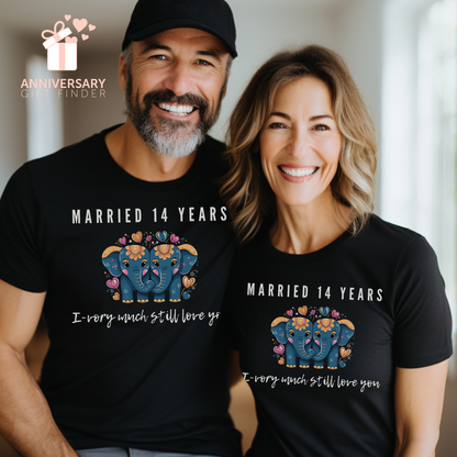 Couple wearing matching anniversary t-shirts with the text Married 14 Years I-Vory Much Still Love You around two cartoon elephants