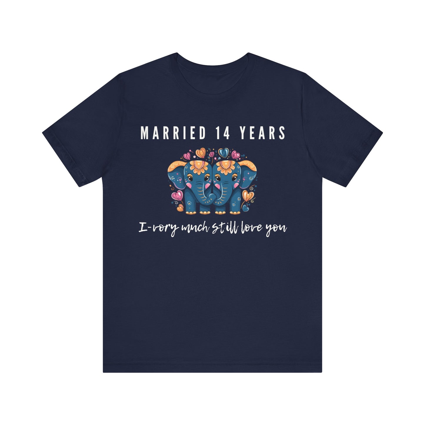 Navy anniversary t-shirt with the text Married 14 Years I-Vory Much Still Love You around two cartoon elephants