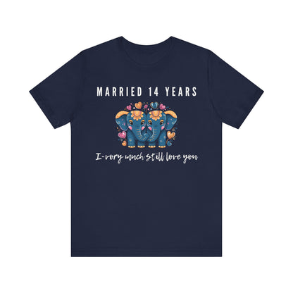 Navy anniversary t-shirt with the text Married 14 Years I-Vory Much Still Love You around two cartoon elephants