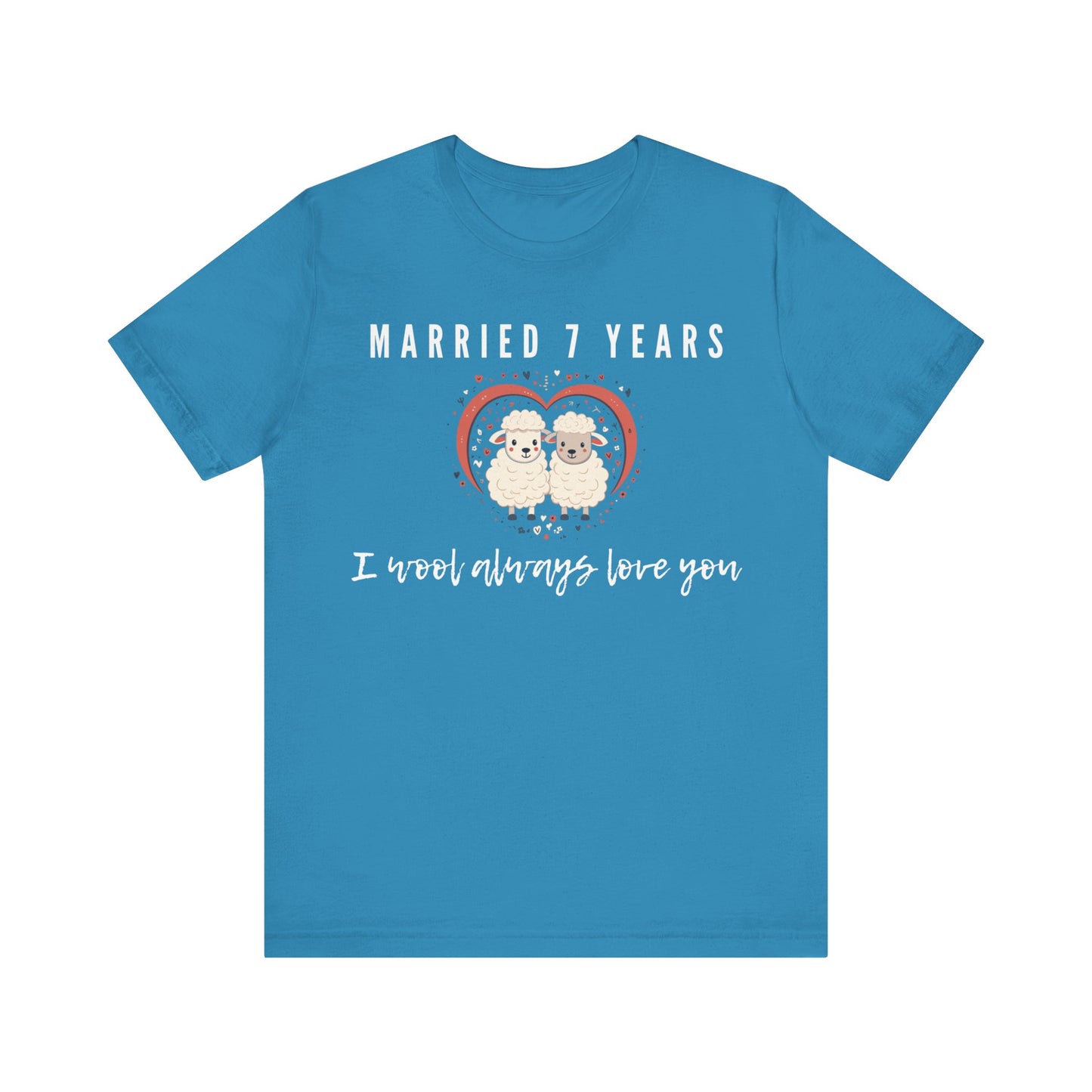 Aqua anniversary t-shirt with the text Married 7 Years I wool always love you around two cartoon sheep