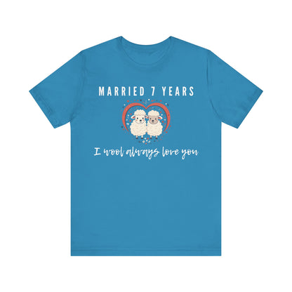 Aqua anniversary t-shirt with the text Married 7 Years I wool always love you around two cartoon sheep