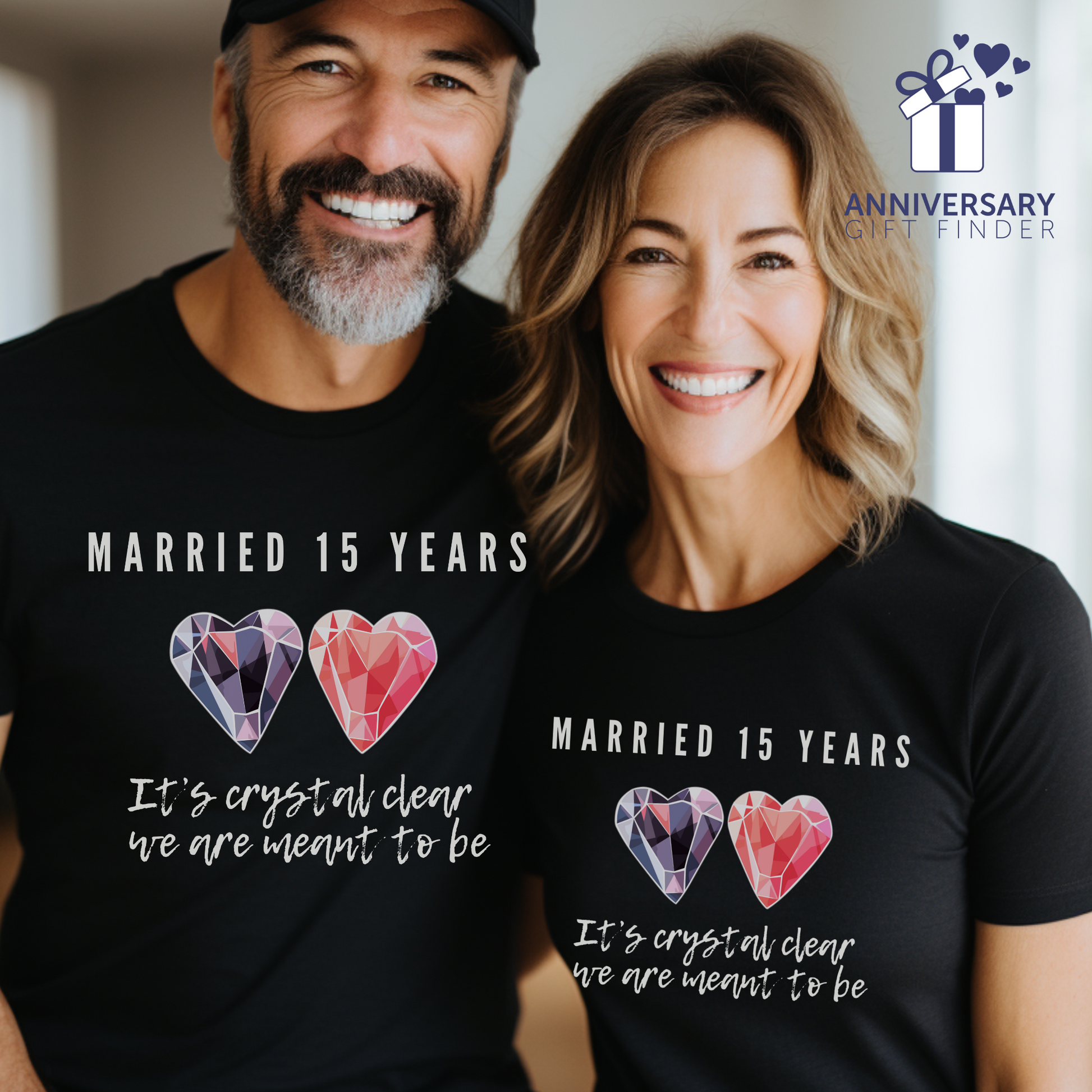 Couple wearing matching anniversary t-shirts with the text Married 15 Years It’s Crystal Clear We’re Meant To Be around two cartoon crystal hearts