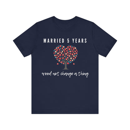 Navy anniversary t-shirt with the text Married 5 Years Wood Not Change a Thing around a cartoon tree