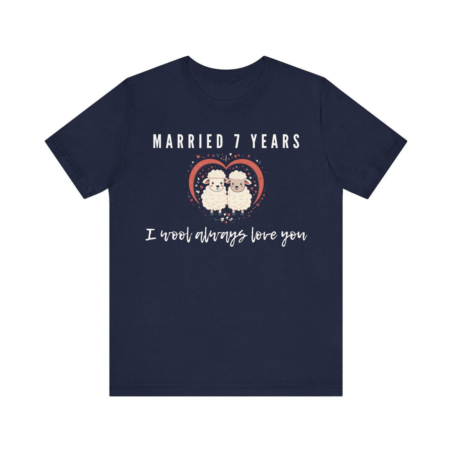 Navy anniversary t-shirt with the text Married 7 Years I wool always love you around two cartoon sheep