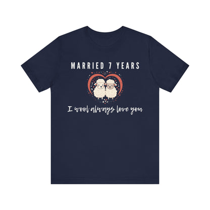 Navy anniversary t-shirt with the text Married 7 Years I wool always love you around two cartoon sheep