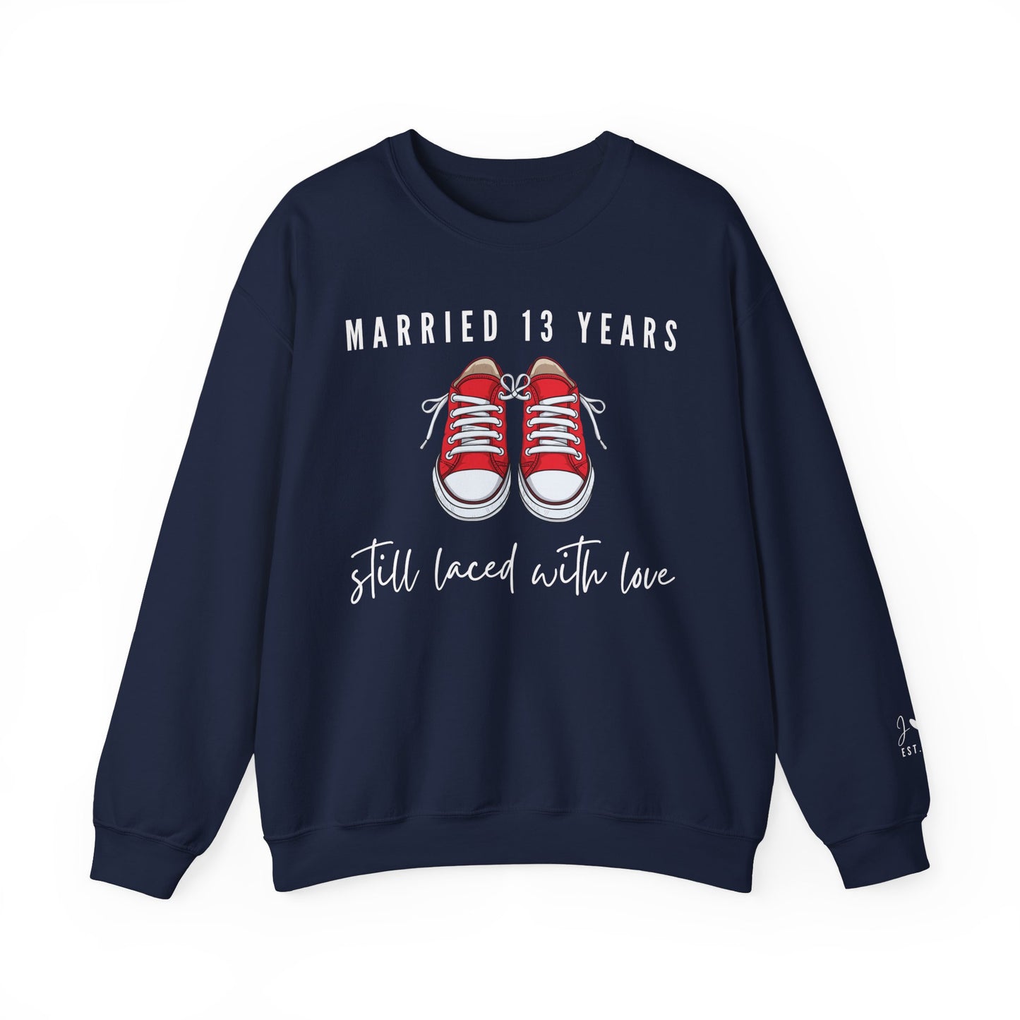 Married 13 Years Still Laced with Love, Lace Anniversary Sweatshirt for Couples in Navy