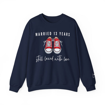 Married 13 Years Still Laced with Love, Lace Anniversary Sweatshirt for Couples in Navy