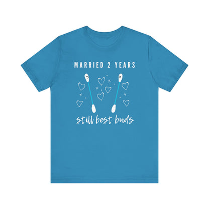 Aqua anniversary t-shirt with the text Married 2 Years Still Best Buds around two cartoon cotton buds