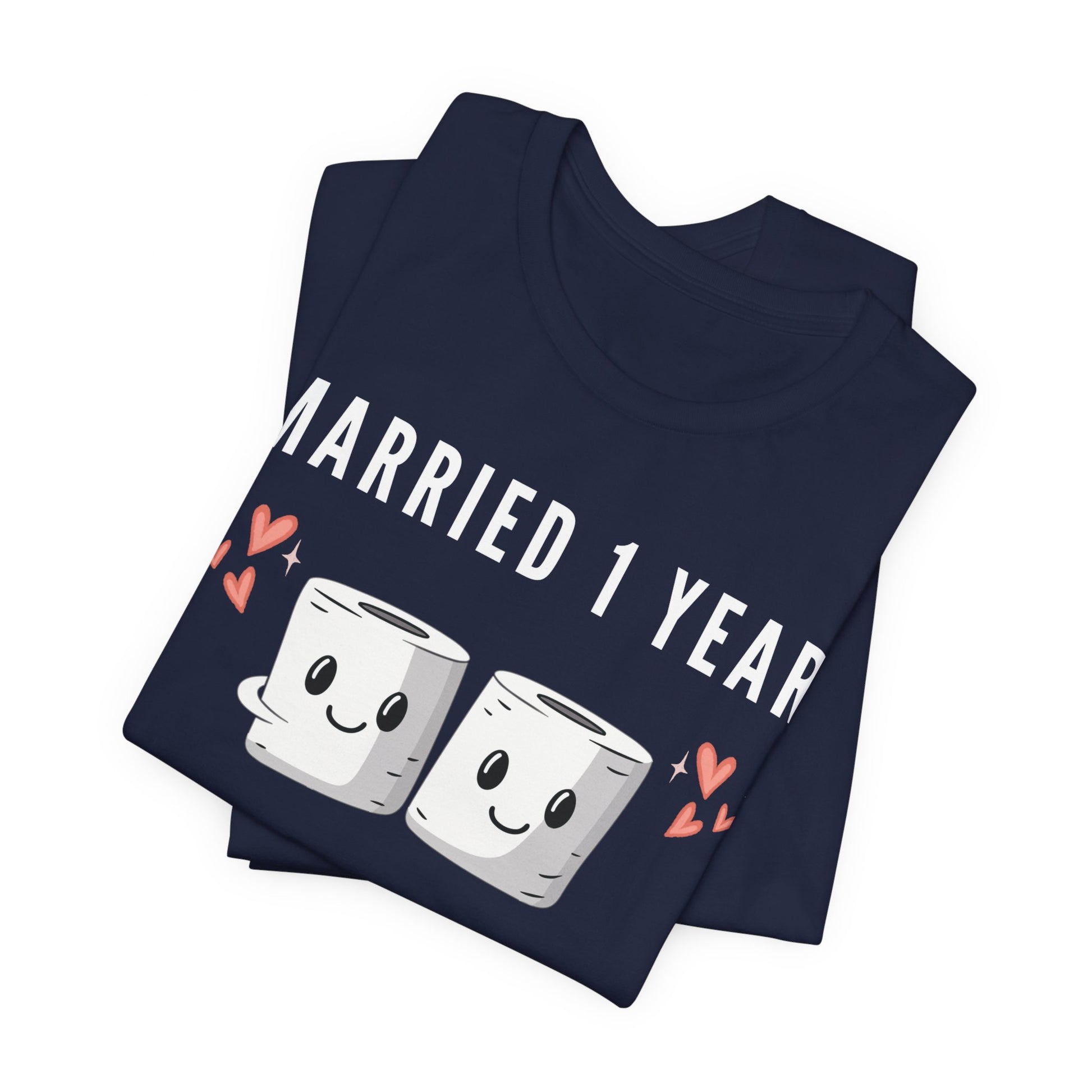 Navy anniversary t-shirt with the text Married 1 Year We’re on a Roll around two cartoon toilet paper rolls