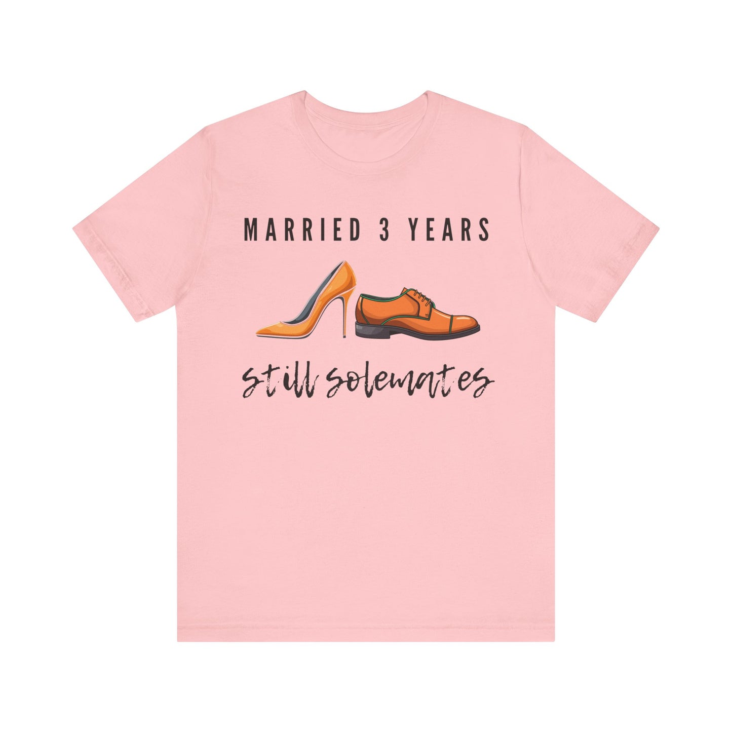 Pink anniversary t-shirt with the text Married 3 Years Still Solemates around two cartoon shoes