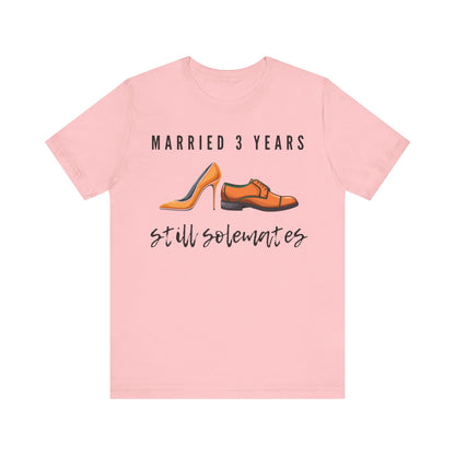 Pink anniversary t-shirt with the text Married 3 Years Still Solemates around two cartoon shoes