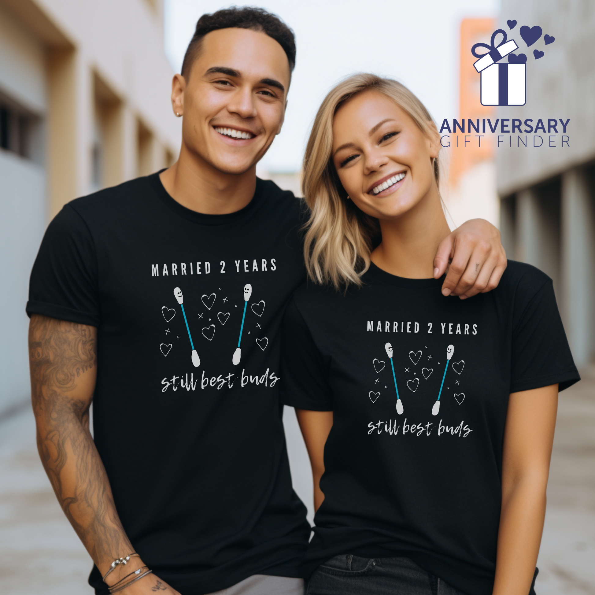 Couple wearing matching anniversary t-shirts with the text Married 2 Years Still Best Buds around two cartoon cotton buds