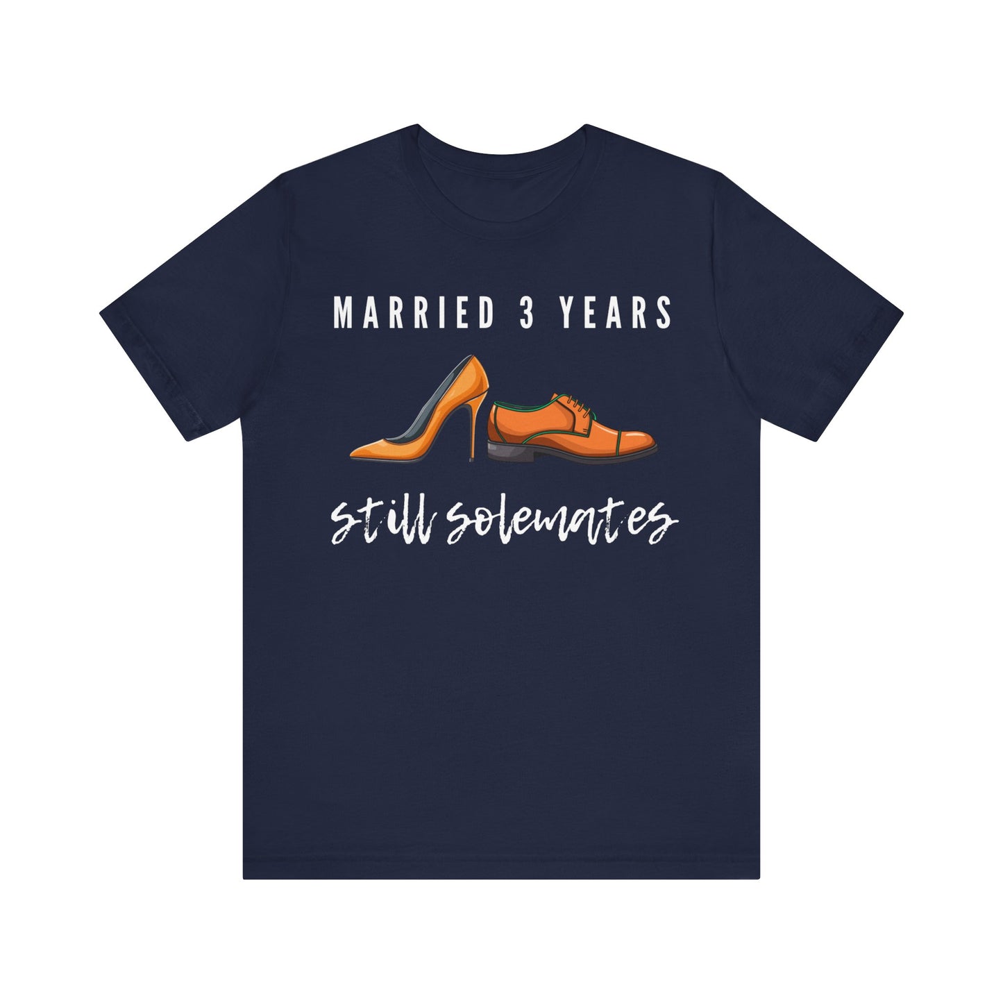 Navy anniversary t-shirt with the text Married 3 Years Still Solemates around two cartoon shoes