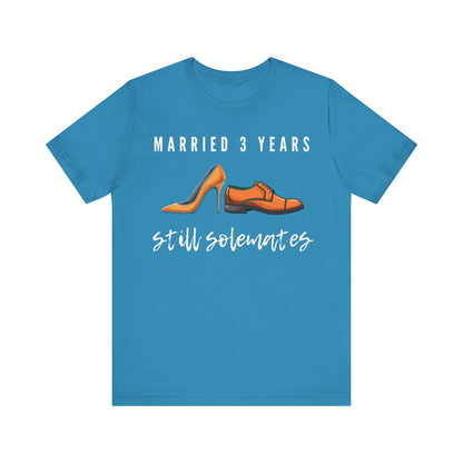 Aqua anniversary t-shirt with the text Married 3 Years Still Solemates around two cartoon shoes