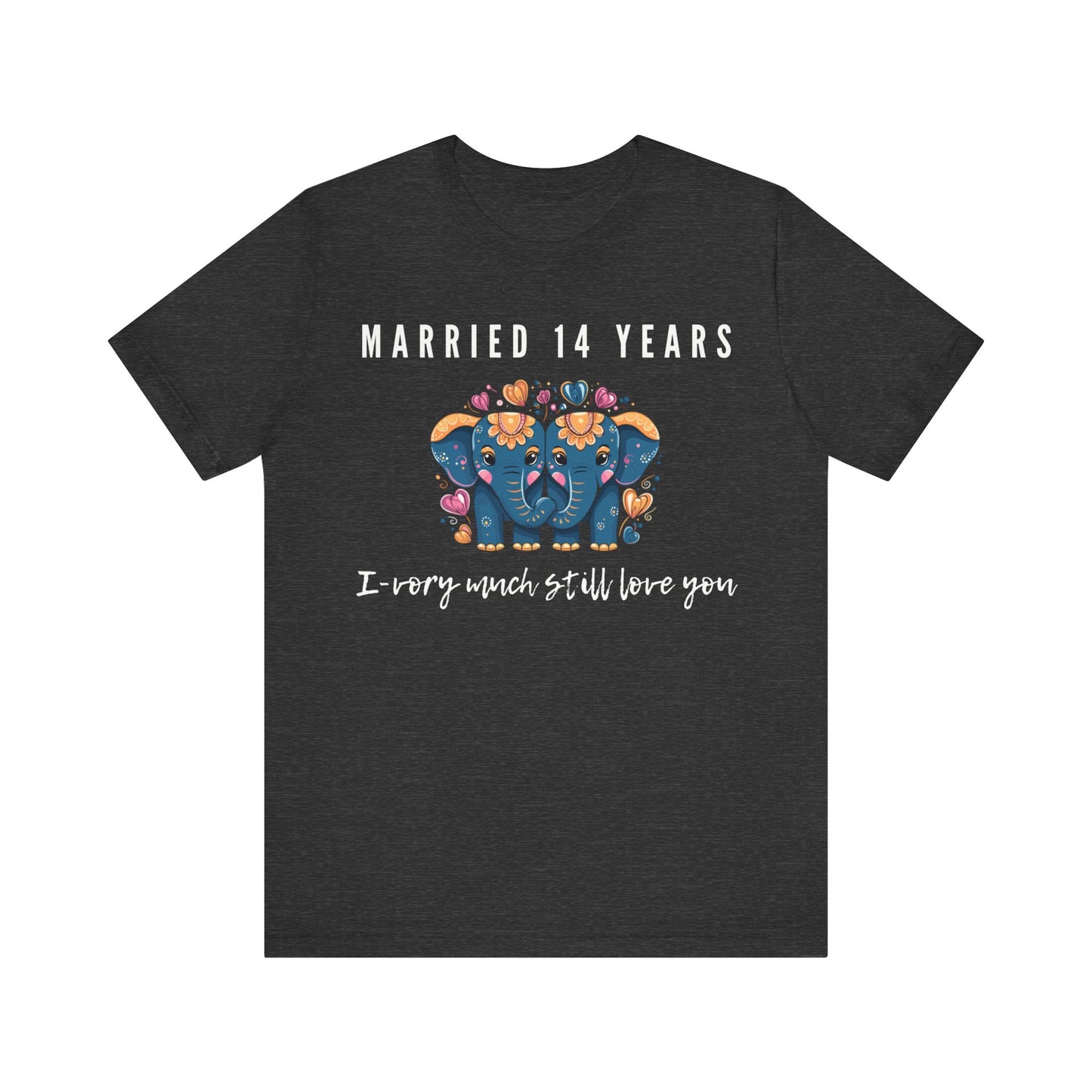 Dark Grey anniversary t-shirt with the text Married 14 Years I-Vory Much Still Love You around two cartoon elephants