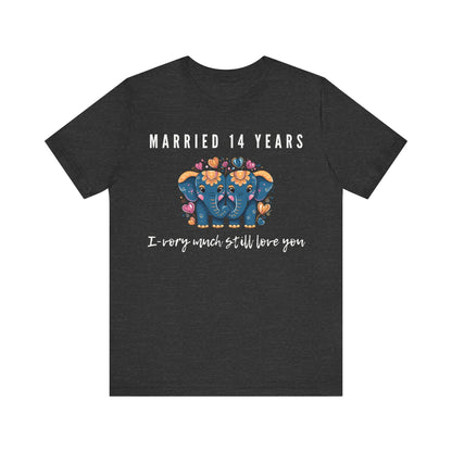 Dark Grey anniversary t-shirt with the text Married 14 Years I-Vory Much Still Love You around two cartoon elephants