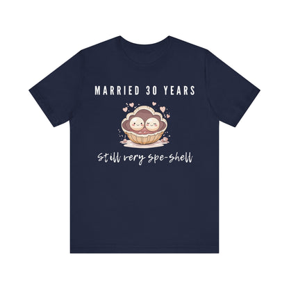 Navy anniversary t-shirt with the text Married 30 Years Still Very Spe-Shell around two cartoon pearls