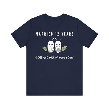 Navy anniversary T-shirt with the text Married 12 Years Still Not Silk Of Each Other around two cartoon silkworms