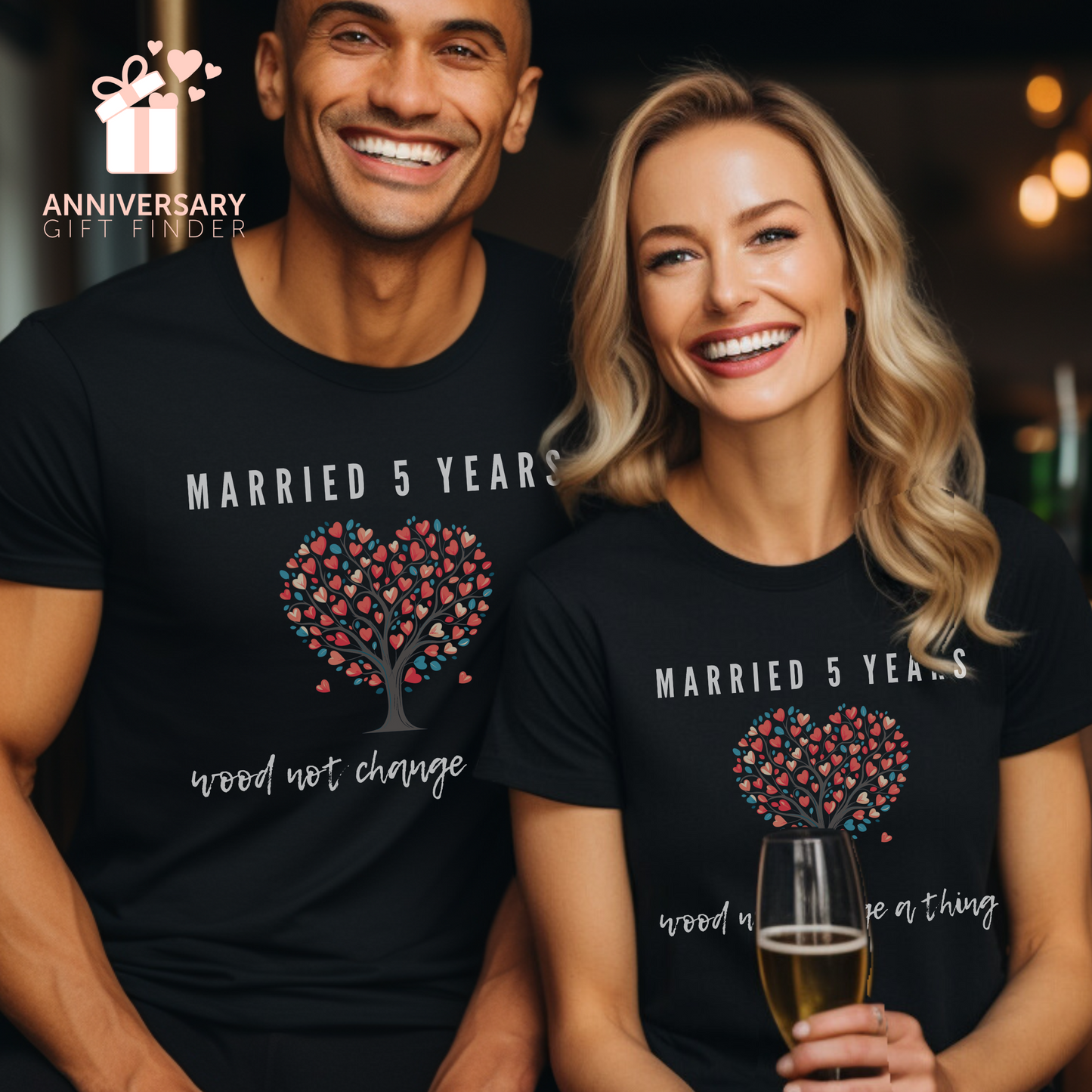 Couple wearing matching anniversary t-shirts with the text Married 5 Years Wood Not Change a Thing around a cartoon tree