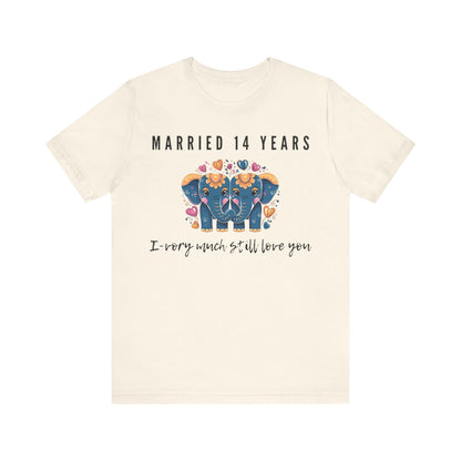 Natural anniversary t-shirt with the text Married 14 Years I-Vory Much Still Love You around two cartoon elephants