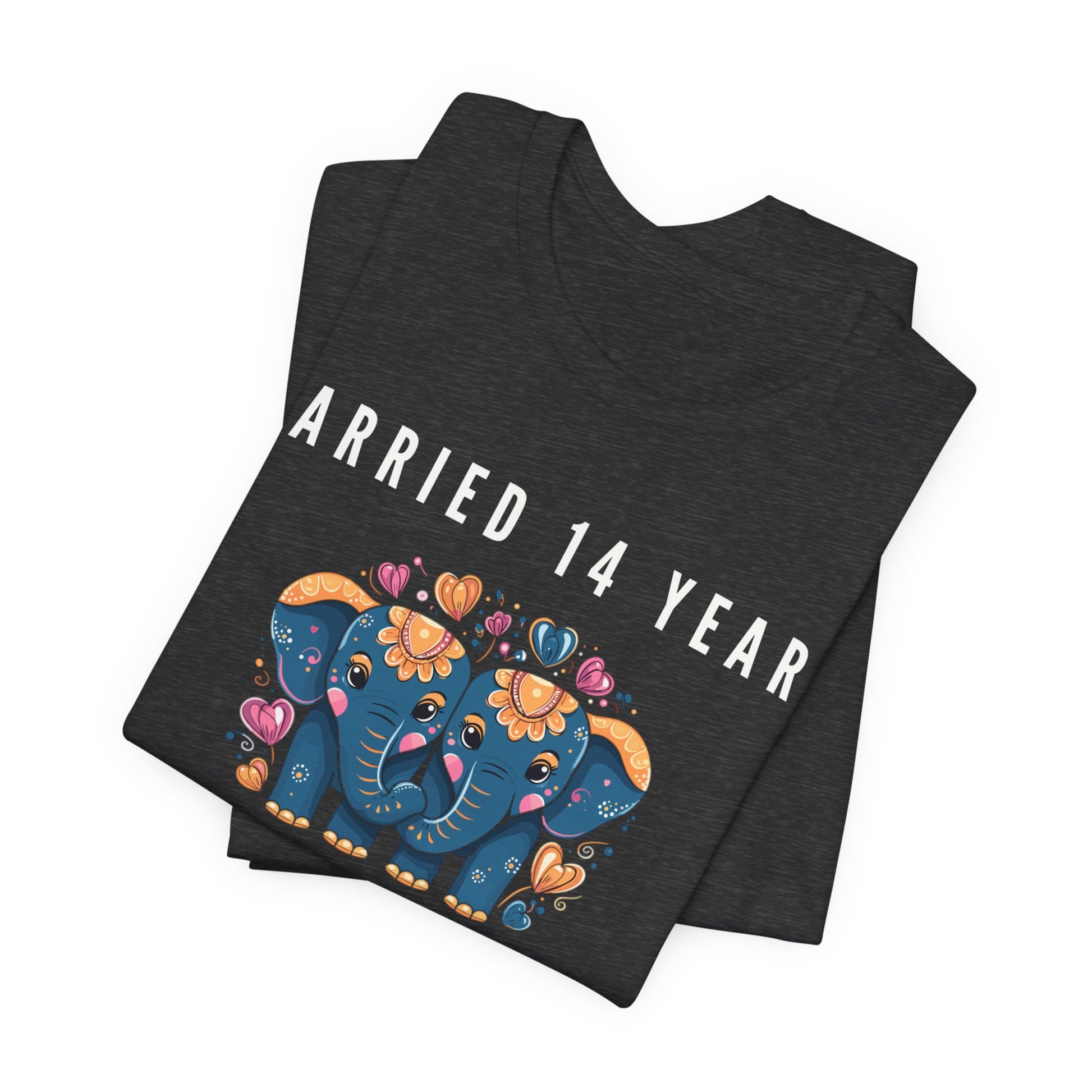 Dark grey anniversary t-shirt with the text Married 14 Years I-Vory Much Still Love You around two cartoon elephants