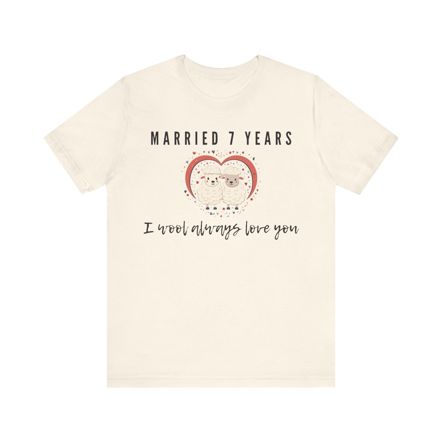 Natural anniversary t-shirt with the text Married 7 Years I wool always love you around two cartoon sheep