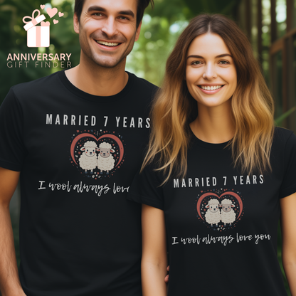 Couple wearing matching anniversary t-shirts with the text Married 7 Years I wool always love you around two cartoon sheep