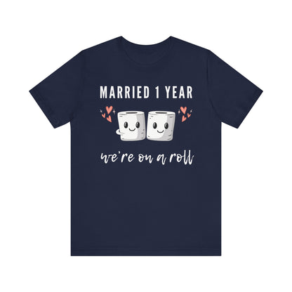 Navy anniversary t-shirt with the text Married 1 Year We’re on a Roll around two cartoon toilet paper rolls