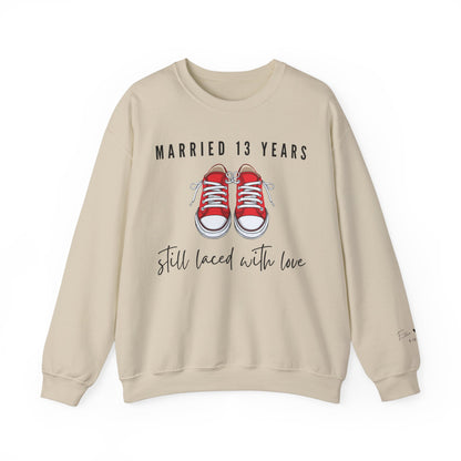 Married 13 Years Still Laced with Love, Lace Anniversary Sweatshirt for Couples in Sand