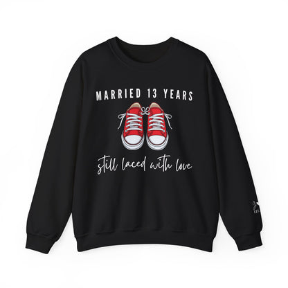 Married 13 Years Still Laced with Love, Lace Anniversary Sweatshirt for Couples in Black