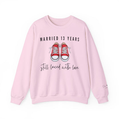 Married 13 Years Still Laced with Love, Lace Anniversary Sweatshirt for Couples in Light pink