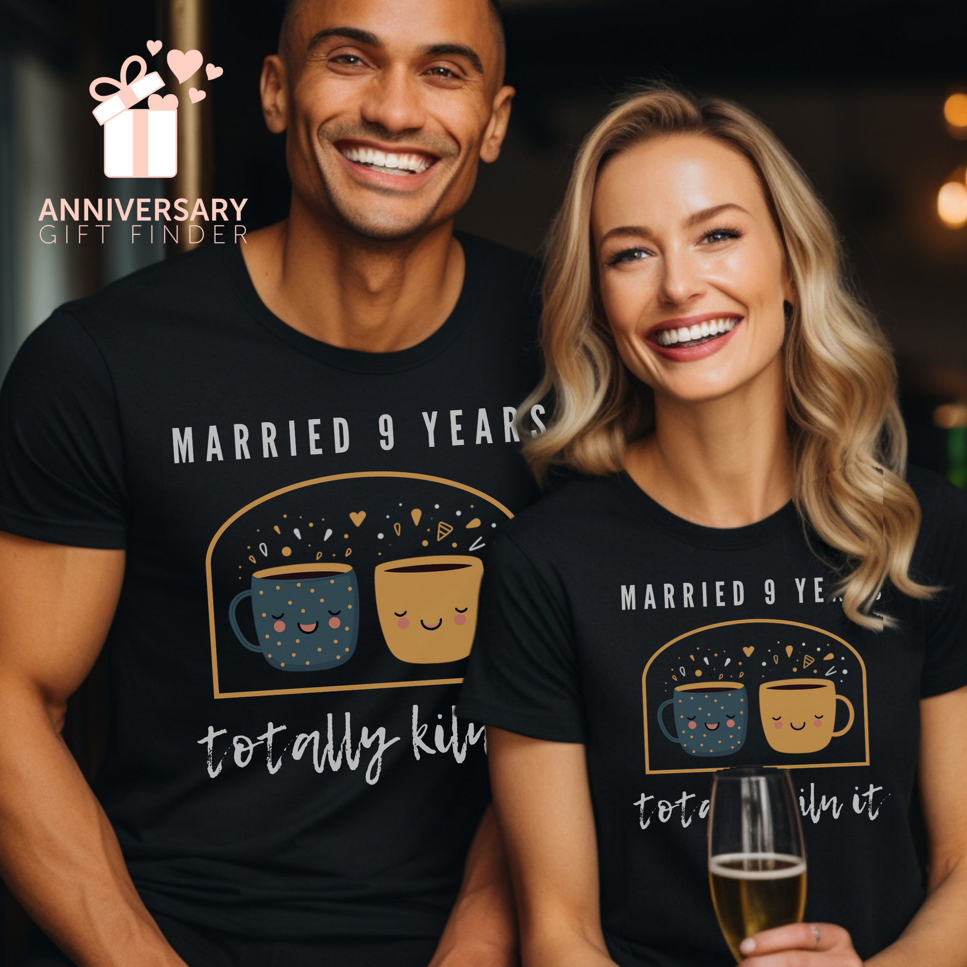 Couple wearing matching anniversary t-shirts with the text Married 9 Years Totally Kiln It around two cartoon cups in a pottery kiln