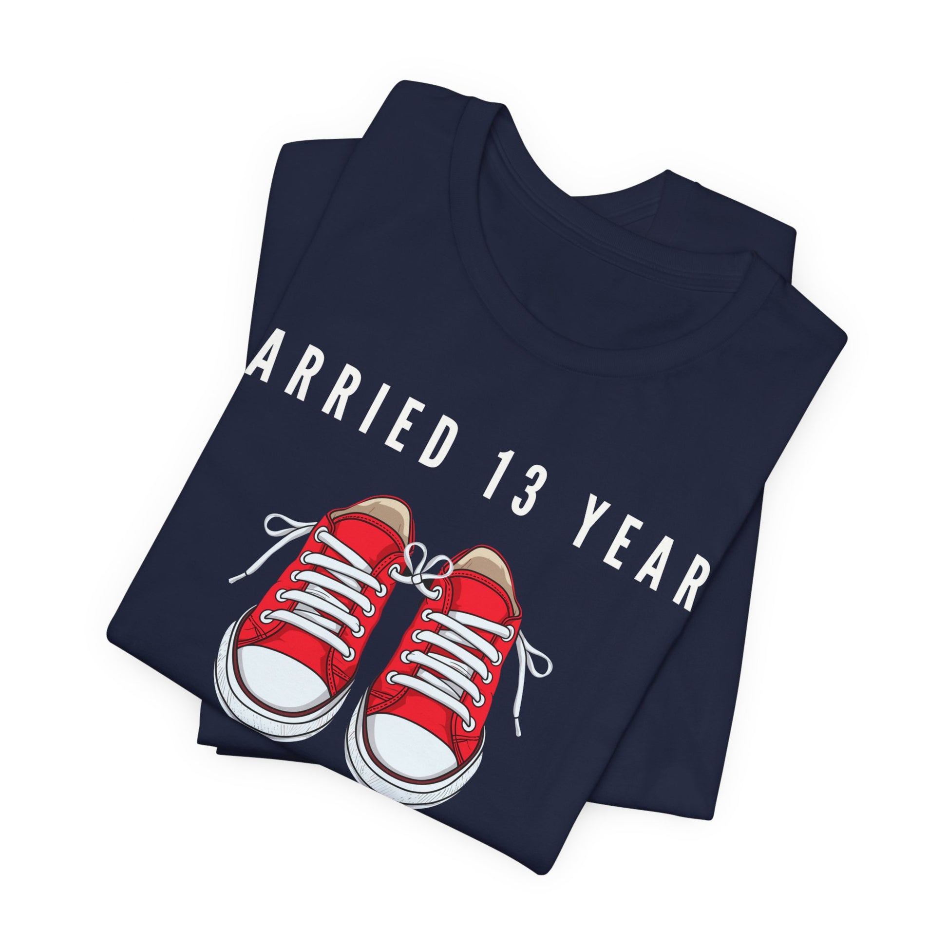 Navy anniversary T-shirt with the text Married 13 Years Still Laced With Love around two cartoon sneakers