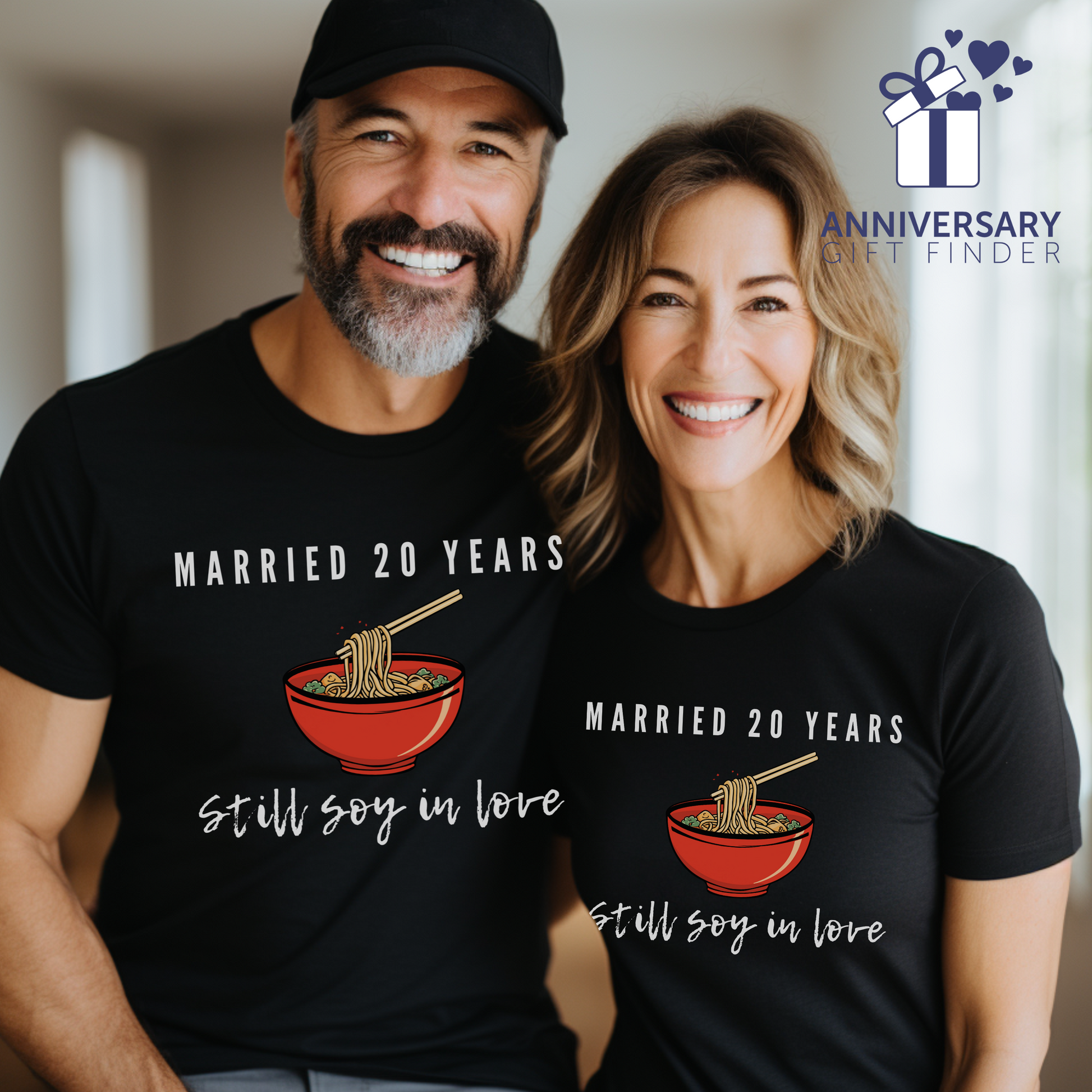 Couple wearing matching anniversary t-shirts with the text Married 20 Year Still Soy In Love around a china noodle bowl