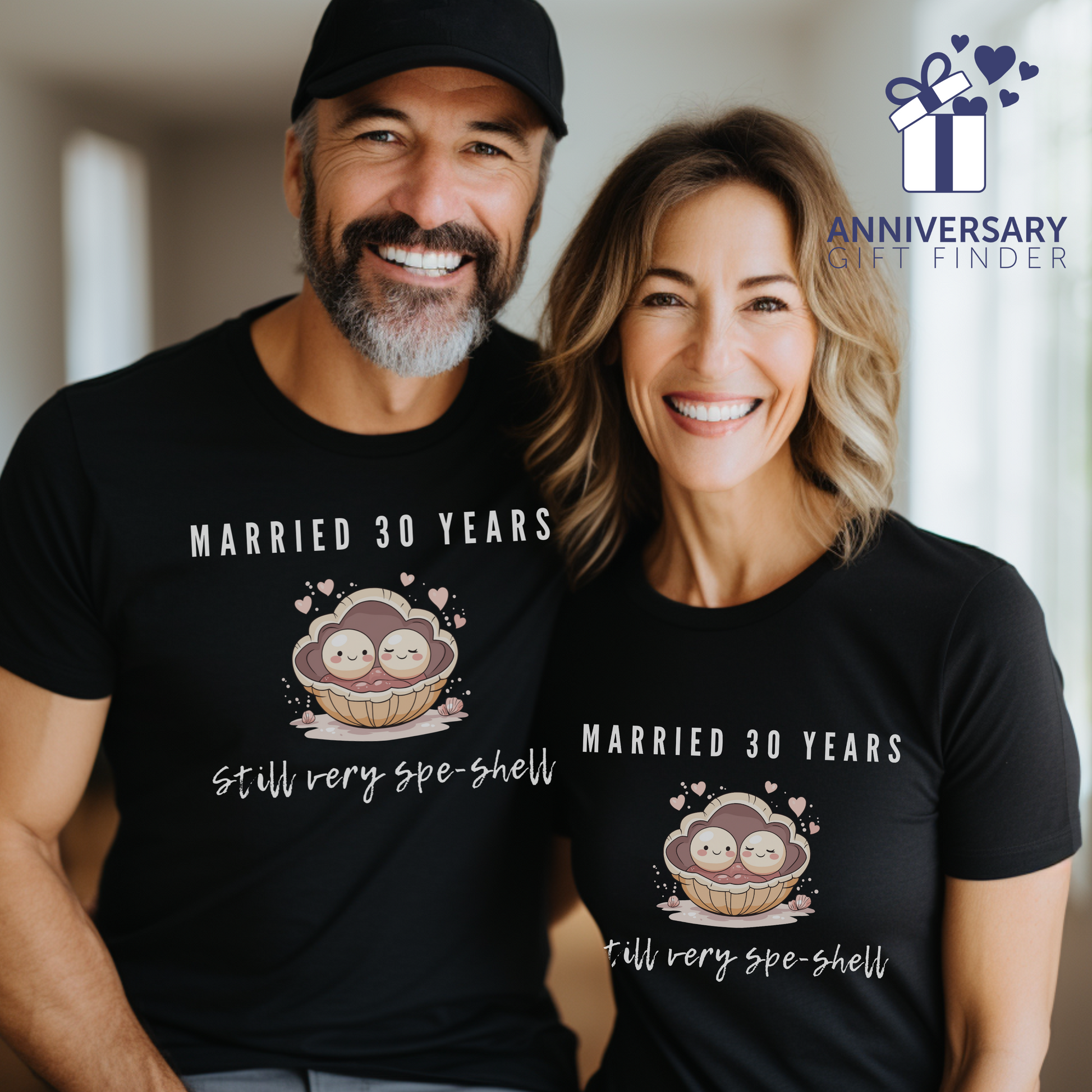 Couple wearing black anniversary t-shirts with the text Married 30 Years Still Very Spe-Shell around two cartoon pearls